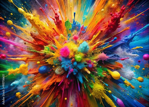 Vibrant colors exploding from tiny hands, paint-splattered fingers and palms showcasing artistic chaos, creativity shines bright in messy, joyful, colorful expression.