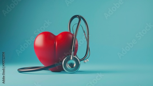 Heart health, health care concept. Stethoscope near rubber heart on blue background, front view, generative ai