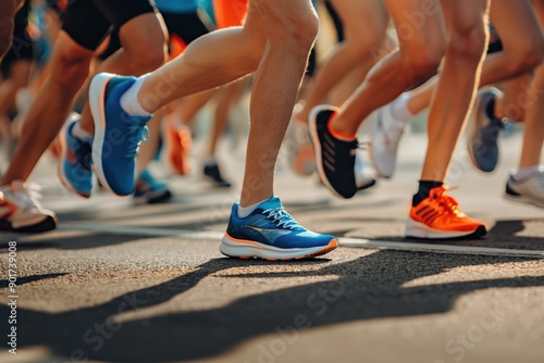 A close-up photo of the legs of multiple people running during a marathon race. Running, jogging and general sport concept.