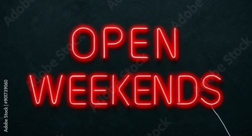 open weekends text red neon sign on plain black background 207