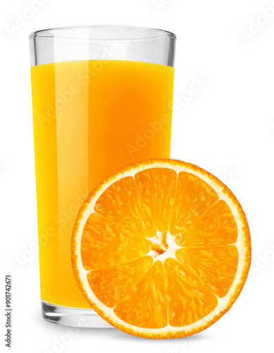 Orange juice in a glass with an orange slice isolated on a transparent background.