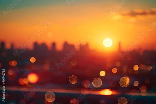 Summer sun blur golden hour hot sky at sunset with city rooftop view in the background fuzzy urban warm bright heat wave lights skyline heatwave bokeh for evening party. 