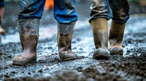 Three muddy boots standing in a waterlogged ground area.