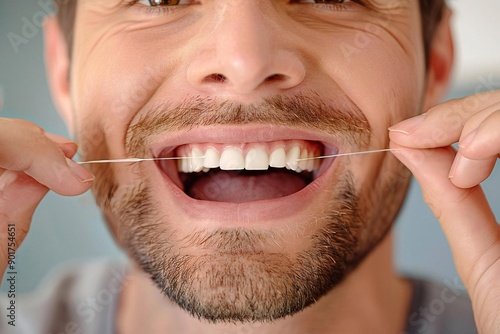 Close-Up Shot of a Man Flossing his Teeth