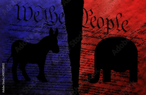 Torn red and blue US Constitution with elephant and donkey representing political party Republican and Democrat division