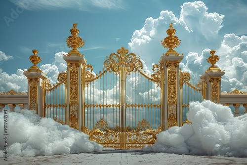 Closed golden gates of Paradise against the background of white clouds. Closed entrance to Paradise for sinners. A tantalizing sight, the closed gates evoke curiosity about the heavenly realm.