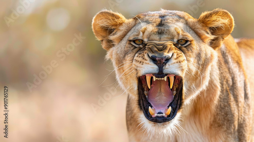 Close-up of a fierce lioness roaring, displaying sharp teeth and intense expression, showcasing the beauty of wildlife.