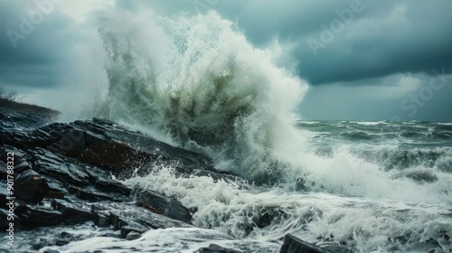 Powerful waves crashing against rocks on a stormy coastline. 