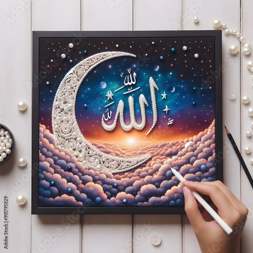 Elegant Moon Made of Pearls With The Holy Name of Allah Almighty