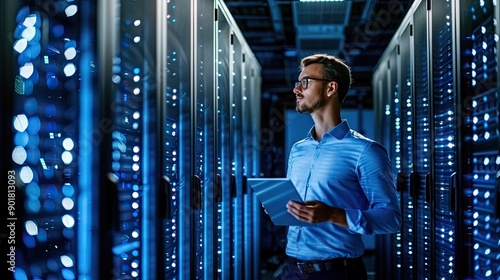 IT engineer configures and monitors servers. Data Management. A specialist ensures cybersecurity in the data center. Illustration for banner, poster, cover, brochure or presentation.