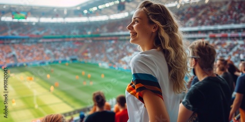 Ragazza allo stadio indossa una magletta sportiva, con i colori della bandiera della Germania e guarda la partita con entusiasmo