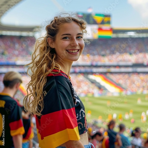 Ragazza allo stadio indossa una magletta sportiva, con i colori della bandiera della Germania e sorride felice