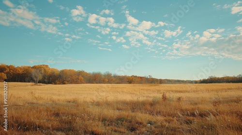 A wide expanse of golden hued field meets a distant treeline where autumn s touch is revealed under a vast sky decorated with soft clouds