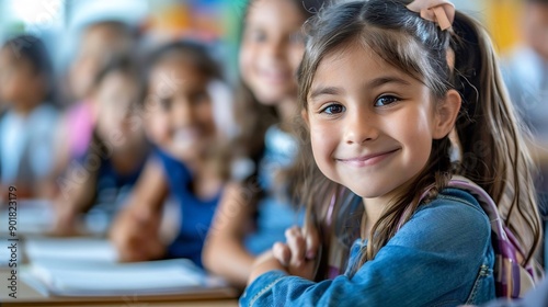 Ritorno a scuola, studenti in classe, bambina sorridente