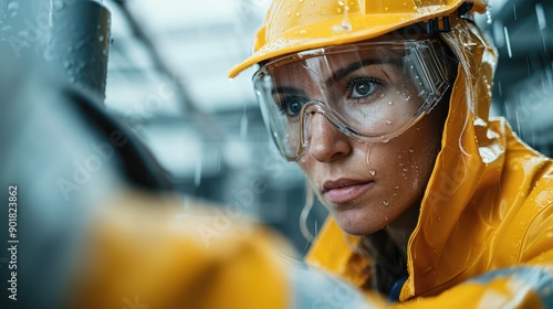 A determined engineer wearing a raincoat and goggles, working outdoors in rainy weather, showcasing unwavering dedication and focus in industrial environments.