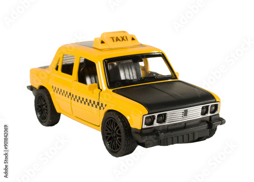 Yellow taxi car isolated on a blank background cutout.