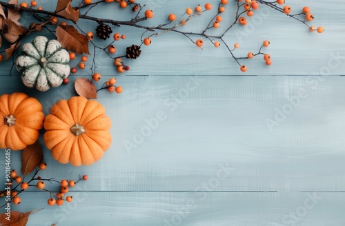 Pumpkins and Berries on Blue Wood