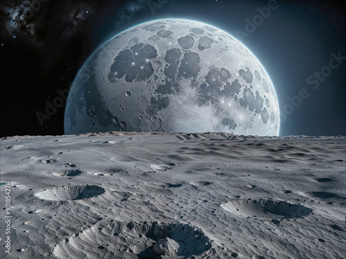 Vue depuis la surface d'une planète inconnue sur une lune géante en arrière plan, espace, impressionnant