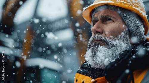 A worker, well-protected with a hardhat and heavy gear, focuses intensely on their task despite the heavy snow and cold conditions, showcasing commendable resilience and focus.