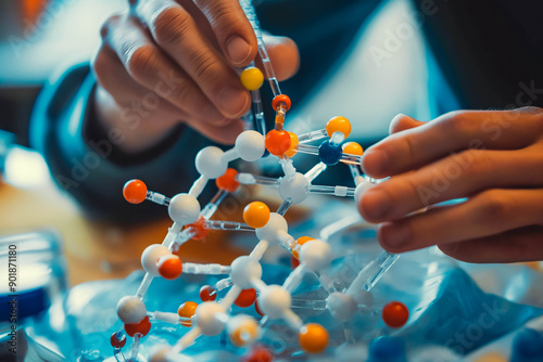 A person building a model of a molecule out of little plastic molds.