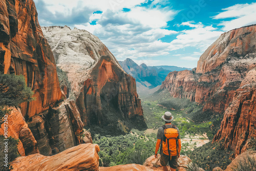 Hiker exploring the stunning landscapes of Zion National Park in Utah.