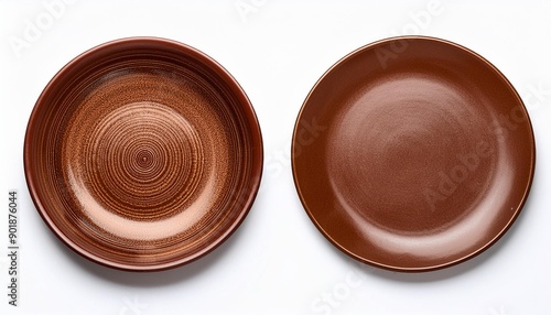 Empty brown ceramic plate isolated on white background top view