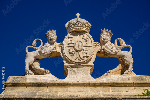 Puerta de los Leones, Main Entrance of the island of Lazareto, former military hospital, Illa del Llatzeret, interior of the port of Mahón, Menorca, balearic islands, Spain