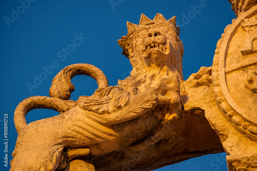 Door of the Lions, Main Entrance of the island of the Lazaret, old military hospital, Illa del Llatzeret, interior of the port of Mahon, Menorca, balearic islands, Spain