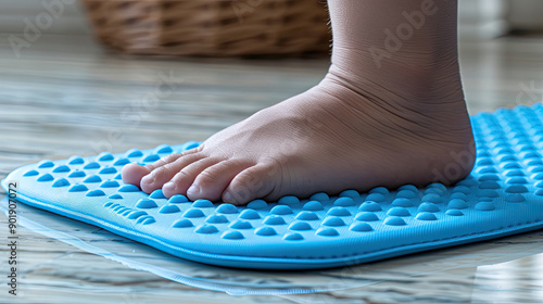 person standing on orthopedic mat for correcting flatfoot