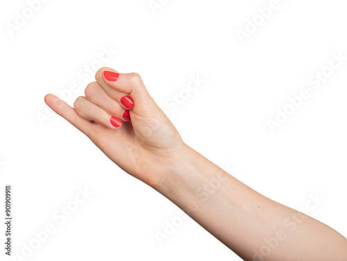 Pinky finger raised in a gesture of communication. Isolated on white background, closeup of a womans hand with elegant red polish. Delicate design highlighting body language and