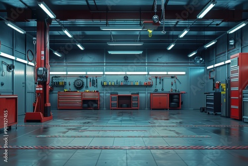 Modern auto repair shop interior with empty car lift waiting for mechanic