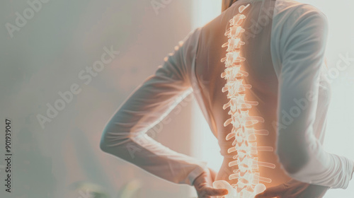 A woman with back pain, focusing on her spine and the outline of bones in gray, holding her hands behind her.