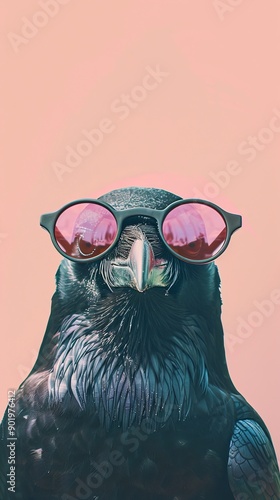 Raven wearing sunglasses on pink background, humorous concept