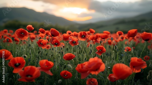 Meadow filled with Red Poppies Papaver rhoeas swaying in the breeze their red petals standing out against the green grass in Italy