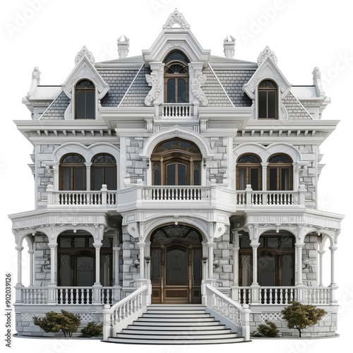 Ornate Victorian-style mansion isolated on a transparent background, perfect for historical architecture themes. 