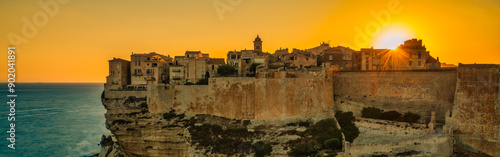 Panoramic landscape with Bonifacio at sunset time, Corsica island, France - Travel concept for website, banner, cards, magazines ...