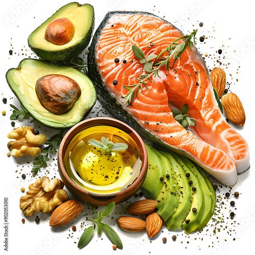 nourishing options for healthy fats: salmon, avocado, oils, and nuts. emphasizing selectivity isolated on white background, vintage, png