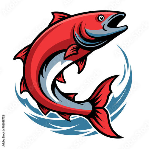 Vector Leaping Red Salmon: A powerful red salmon leaps from stylized waves, its mouth agape in a dynamic illustration of aquatic life. 