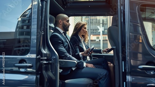 Business people sitting in minivan taxi view through an open door Concept of business trips and transportation : Generative AI