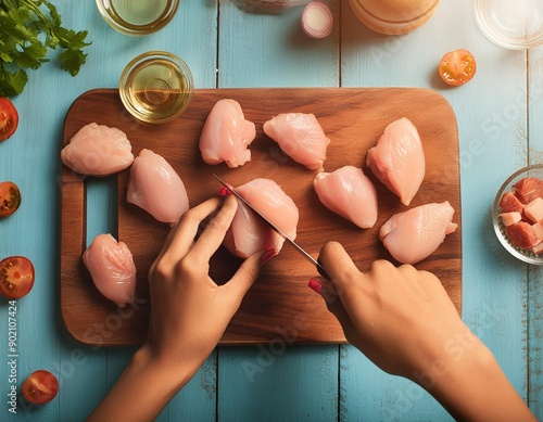 Manos de distintas mujeres trabajando en la cocina, amasando , preparando pasta casera cortando pan , cortando carnes , de pollo cerdo y res , cortando vegetales como chiles o cebollas 