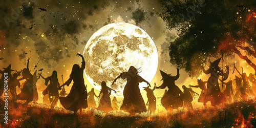 The Sabbat Celebration: Dancing Under the Moonlight in Honor of the Old Gods - Imagine a scene where witches gather for a sabbat celebration, dancing and chanting under the light of the full moon