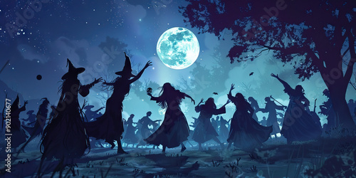 The Sabbat Celebration: Dancing Under the Moonlight in Honor of the Old Gods - Imagine a scene where witches gather for a sabbat celebration, dancing and chanting under the light of the full moon