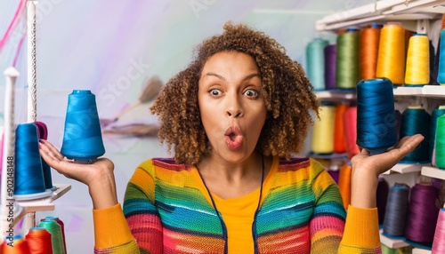 Unconventional seamstress with tousled hair and a funny expression with a spool of thread in each hand, working in her sewing workshop where she designs fashionable clothes