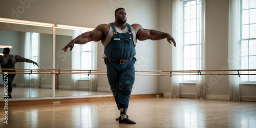 Exaggerated muscular man in overalls at ballet barre. Humorous concept challenging stereotypes of strength and grace. For ads, memes, or discussions on body image.