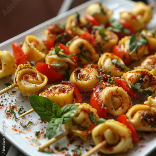 A close up of tortellini skewers with tomato and basil on top served on white plate, natural lighting