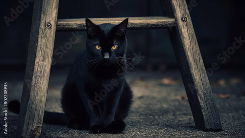 a sleek black cat sitting under a wooden ladder, symbolizing a common superstition