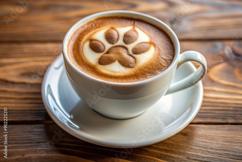 Adorable dog paw design in steaming hot latte art, resting in a pristine white mug, against a warm and cozy pet cafe background.