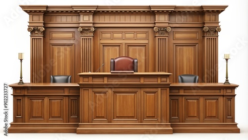 Empty wooden courtroom podium stands alone on a transparent background, symbolizing justice and law, with a subtle sense of anticipation and formal proceedings.