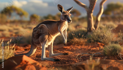 A red kangaroo stands in the outback during a golden sunset.