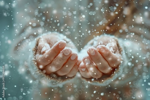 Close-Up of Hands Catching Snowflakes During Winter Snowfall in Nature